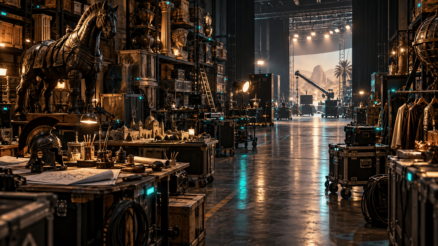 Hollywood studio prop warehouse and fabrication space organized as connected production infrastructure