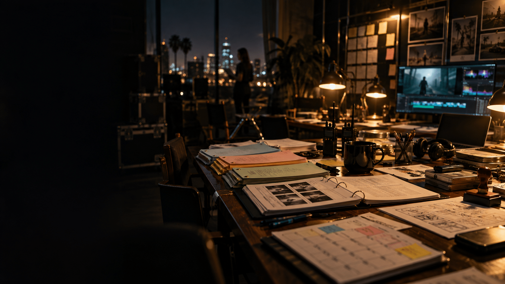 Hollywood production office with scripts, schedules and approval materials