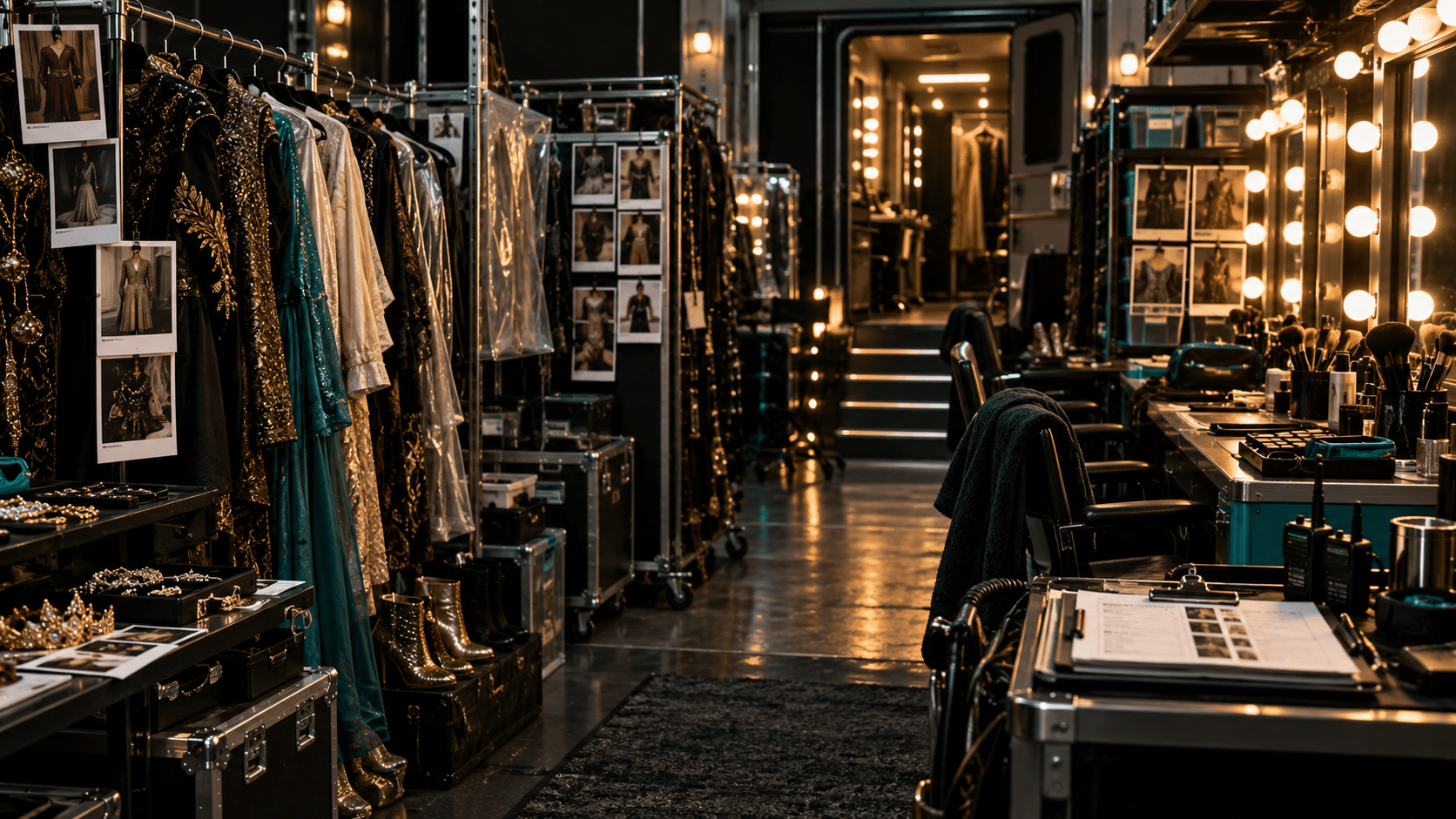 Wardrobe and makeup departments prepared for continuity across a Hollywood production